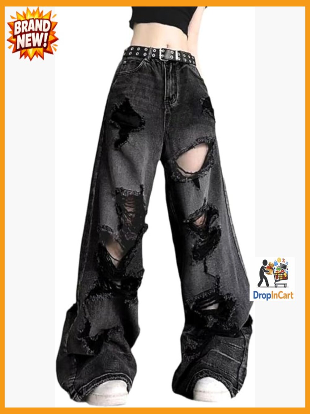 Baggy Ripped Straight Leg Jeans High Waisted Y2K Grunge Pants Unisex